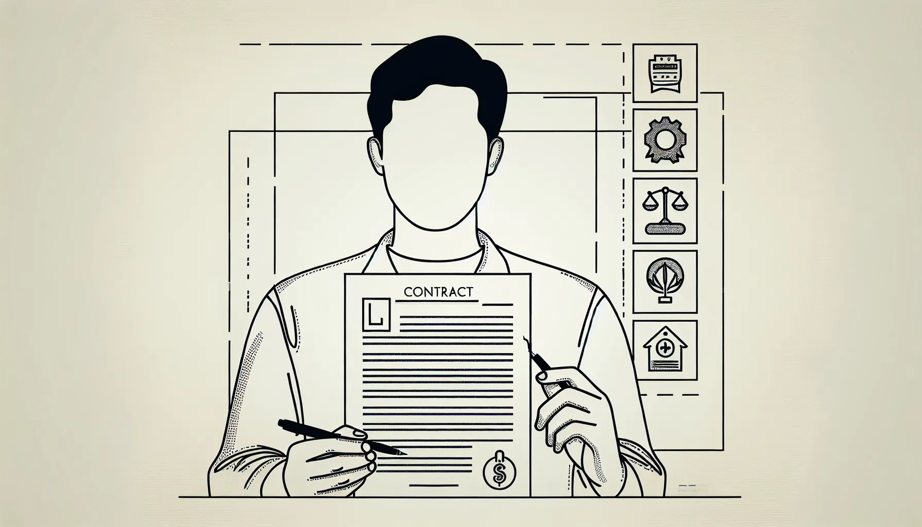 Dentist holding a contract with scales and icons for taxes, insurance, benefits.
