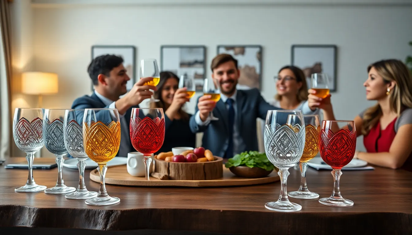 diverse professionals toasting with beautifully designed rämergläser.