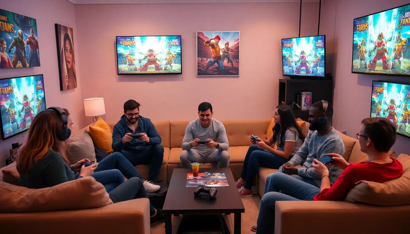 diverse gamers enjoying video games in a modern living room.