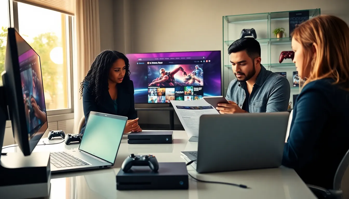 diverse team discussing Xbox gaming articles in a modern office.