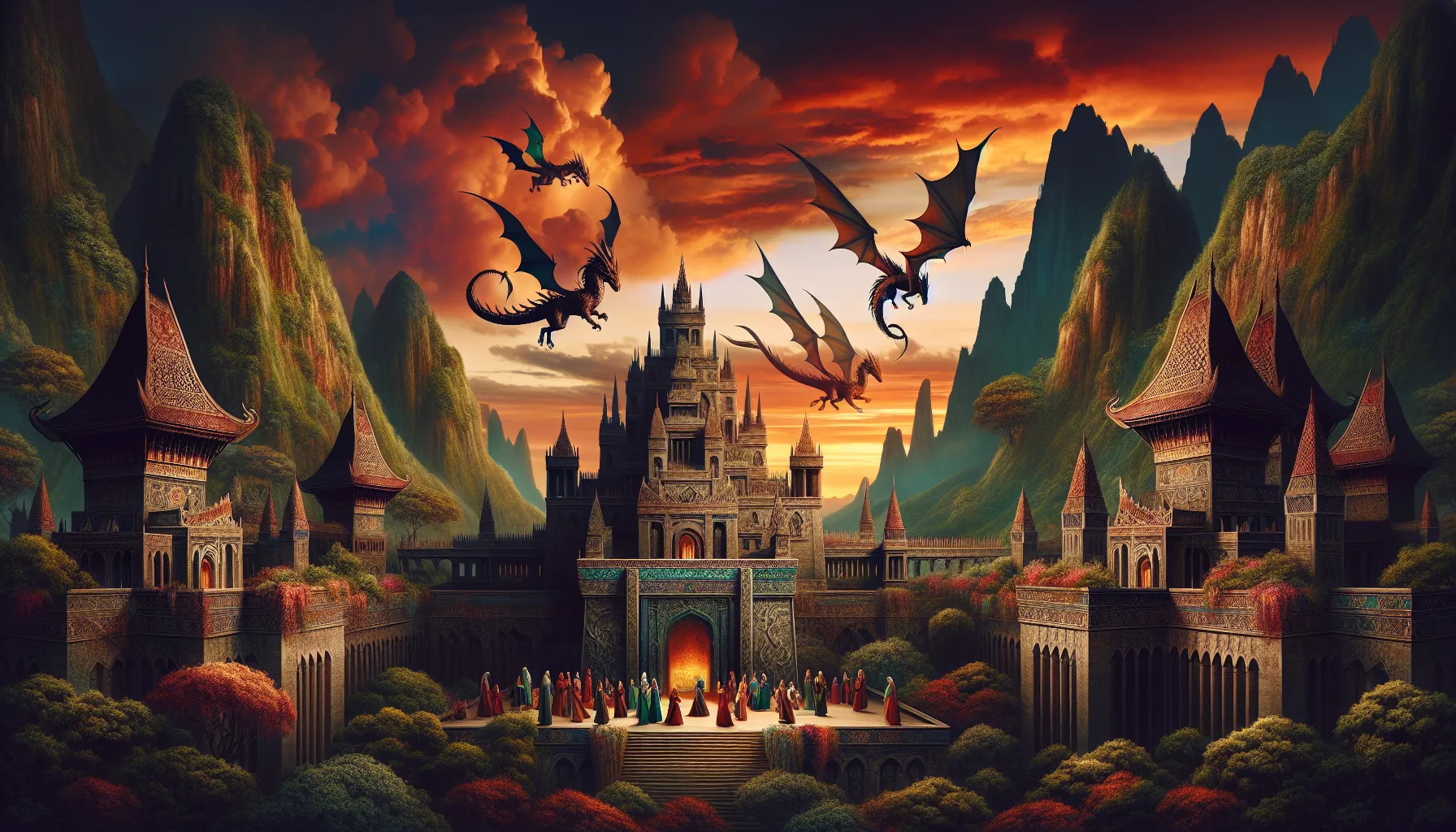 A medieval castle with dragons flying in a vivid sunset sky.