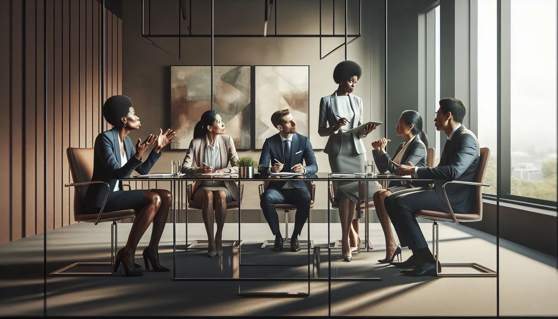 diverse professionals discussing challenges of disabordinate in a modern conference room.