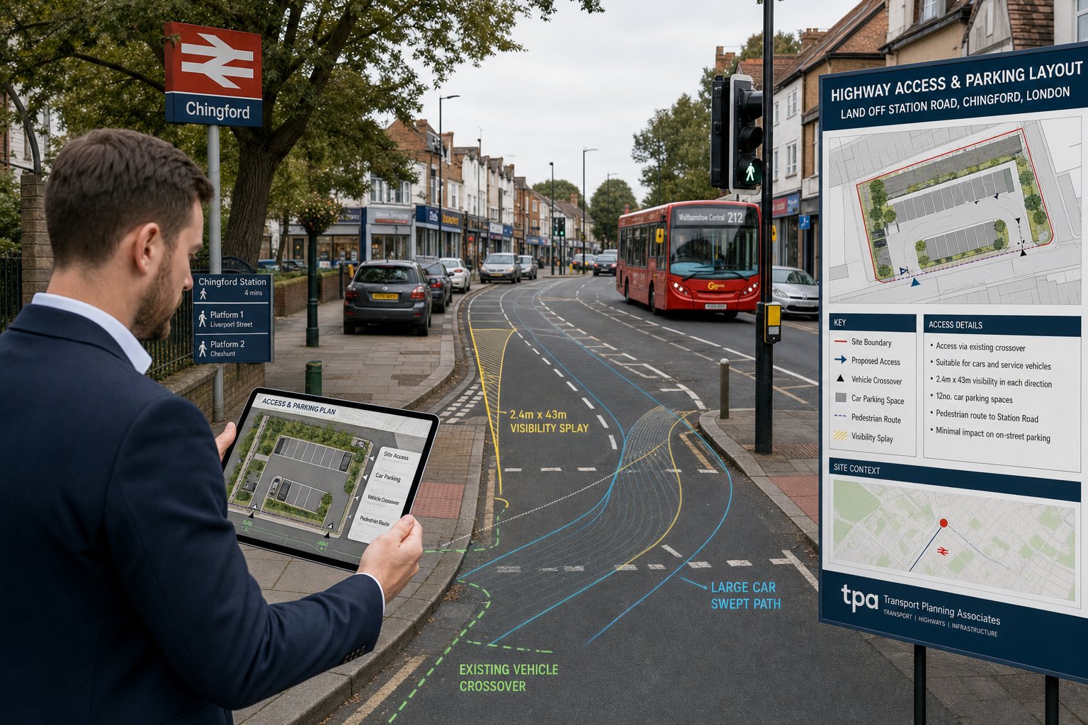 Traffic engineer assessing road access and parking layout on a Chingford street.
