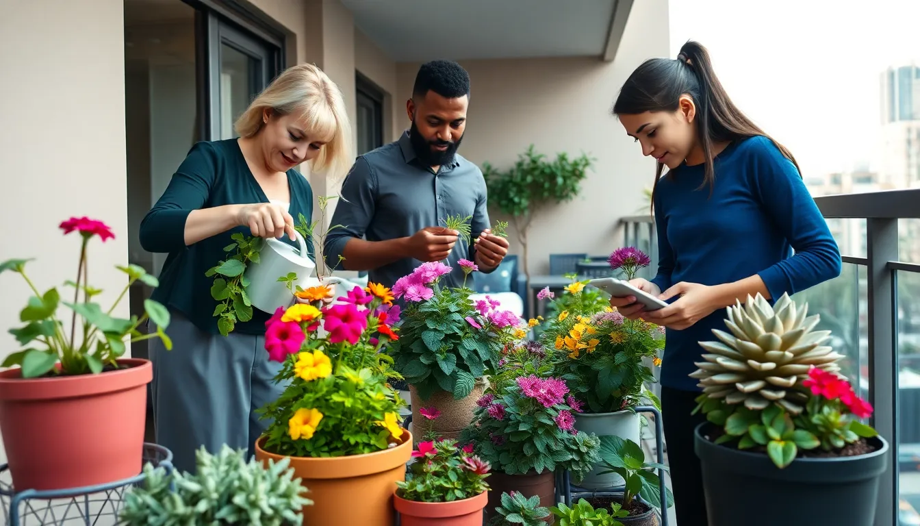 diverse group gardening on a compact balcony with colorful containers.