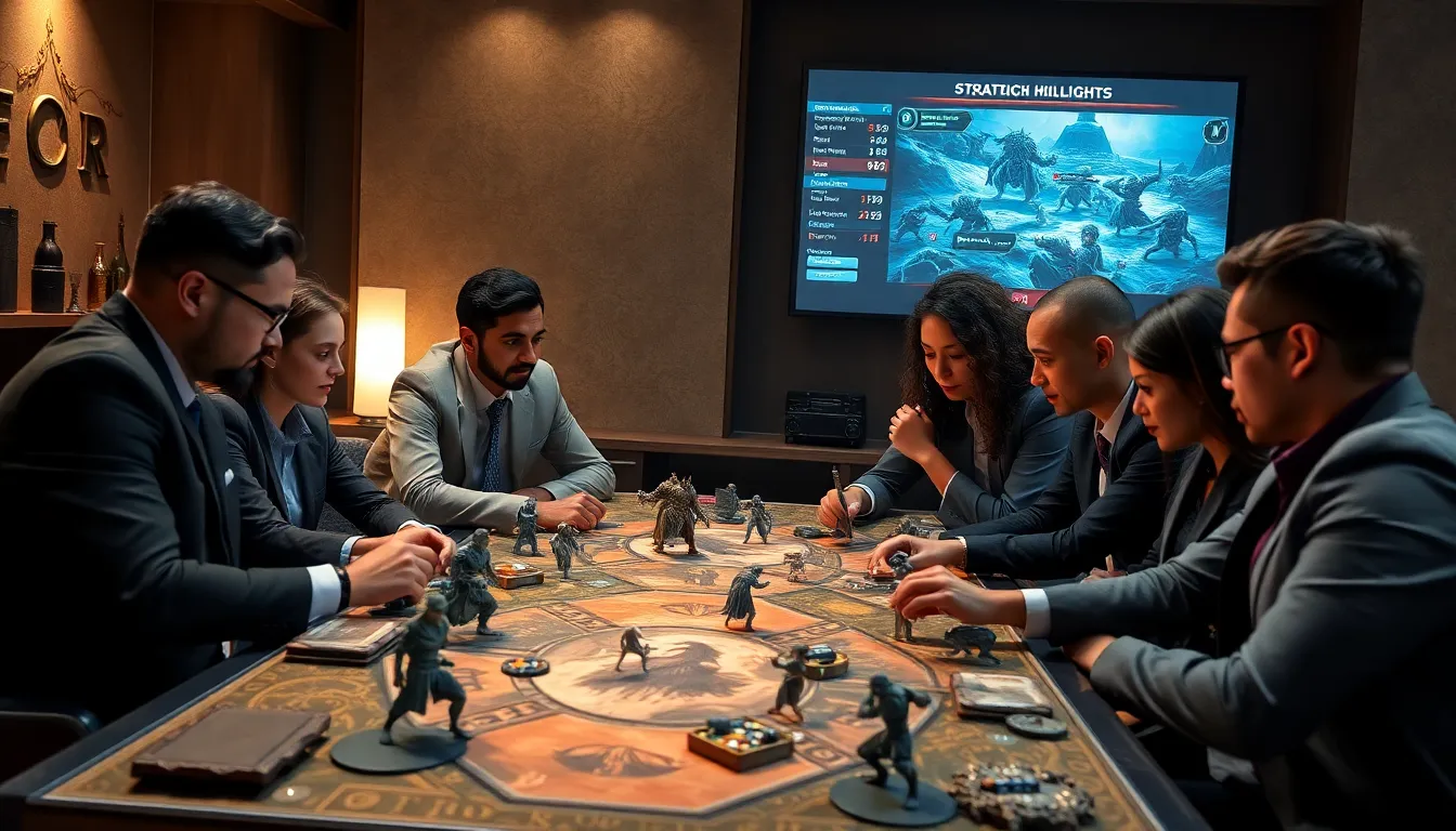 diverse group of gamers engaged in a tactical board game.