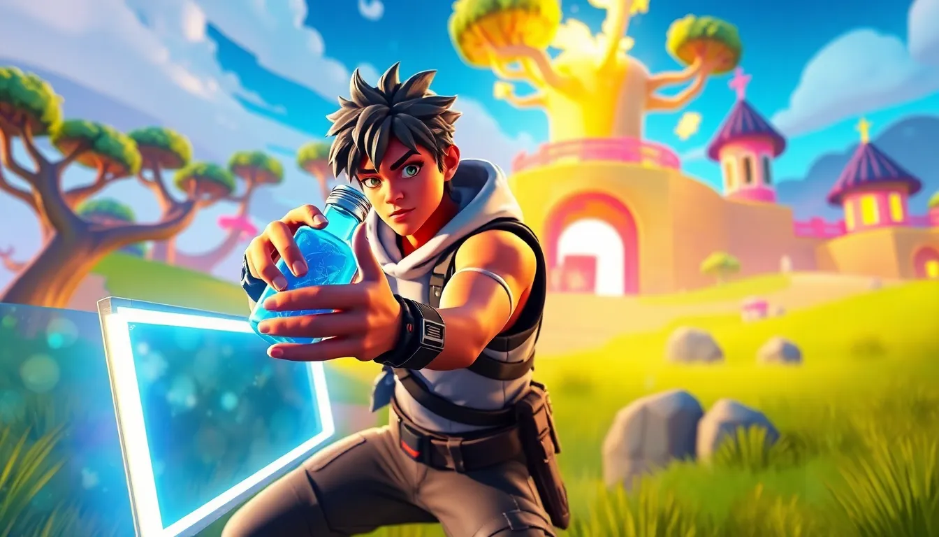Fortnite characters preparing to use shield potions in a colorful battle scene.