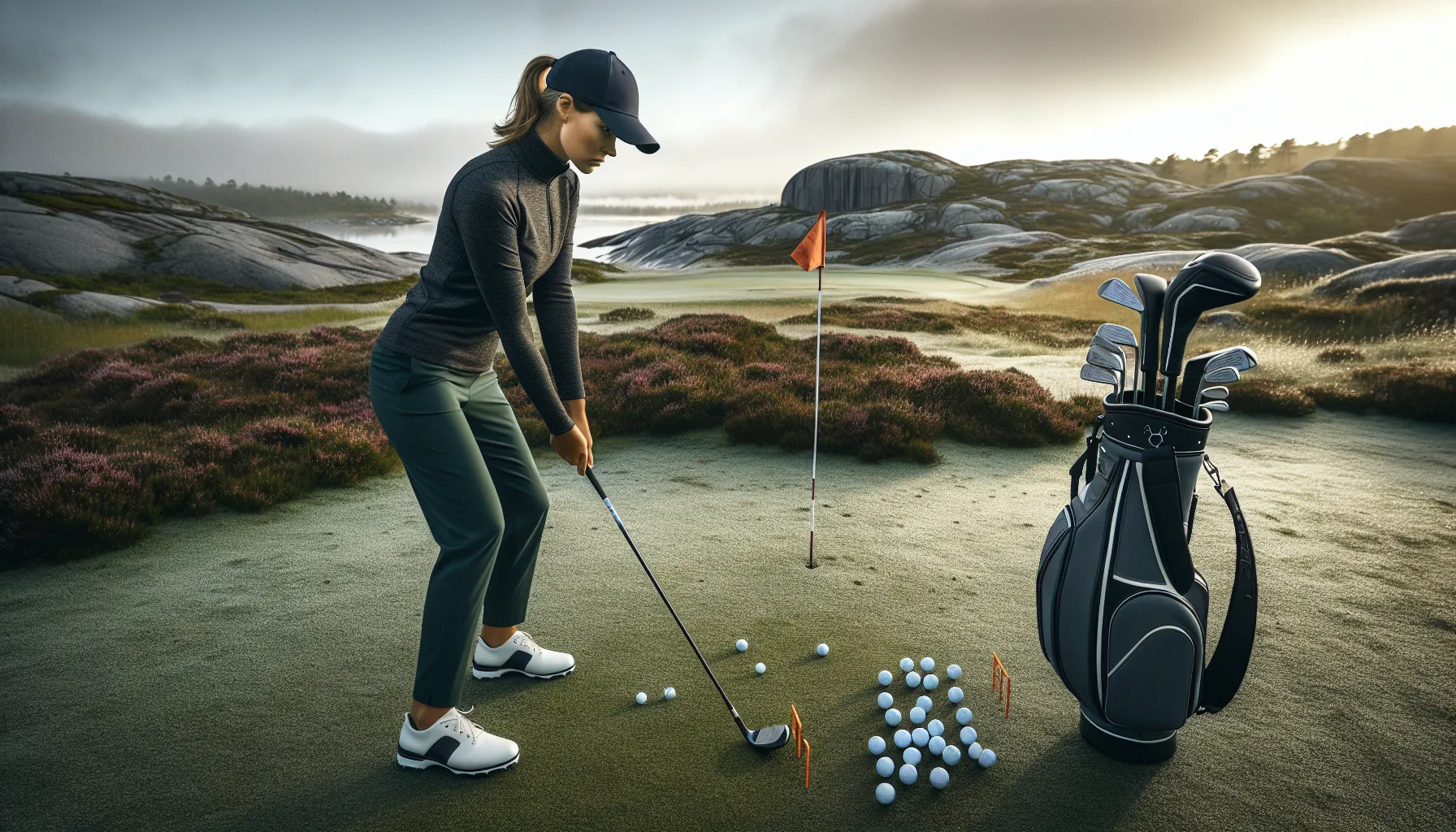 Norwegian golfer showing proper stance and ball placement with alignment sticks.