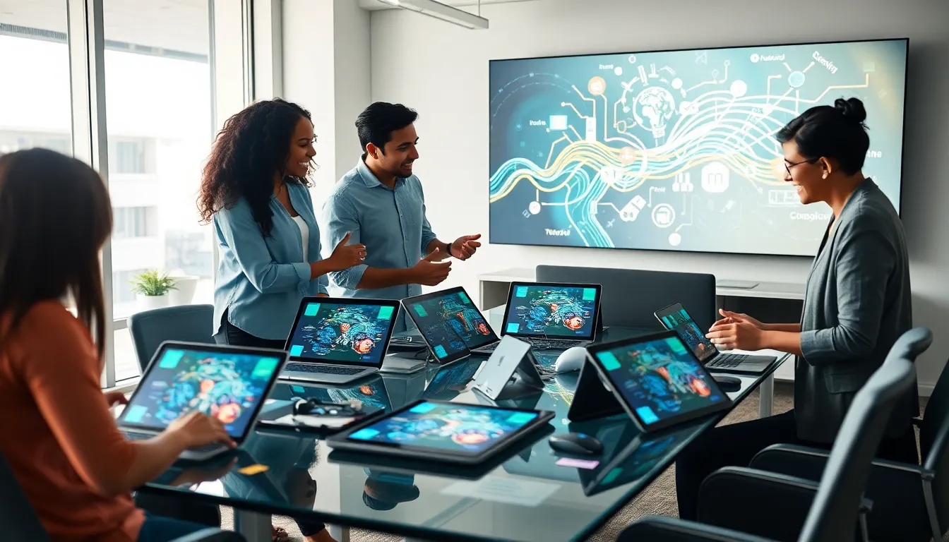 diverse team discussing tech storytelling in a modern office.