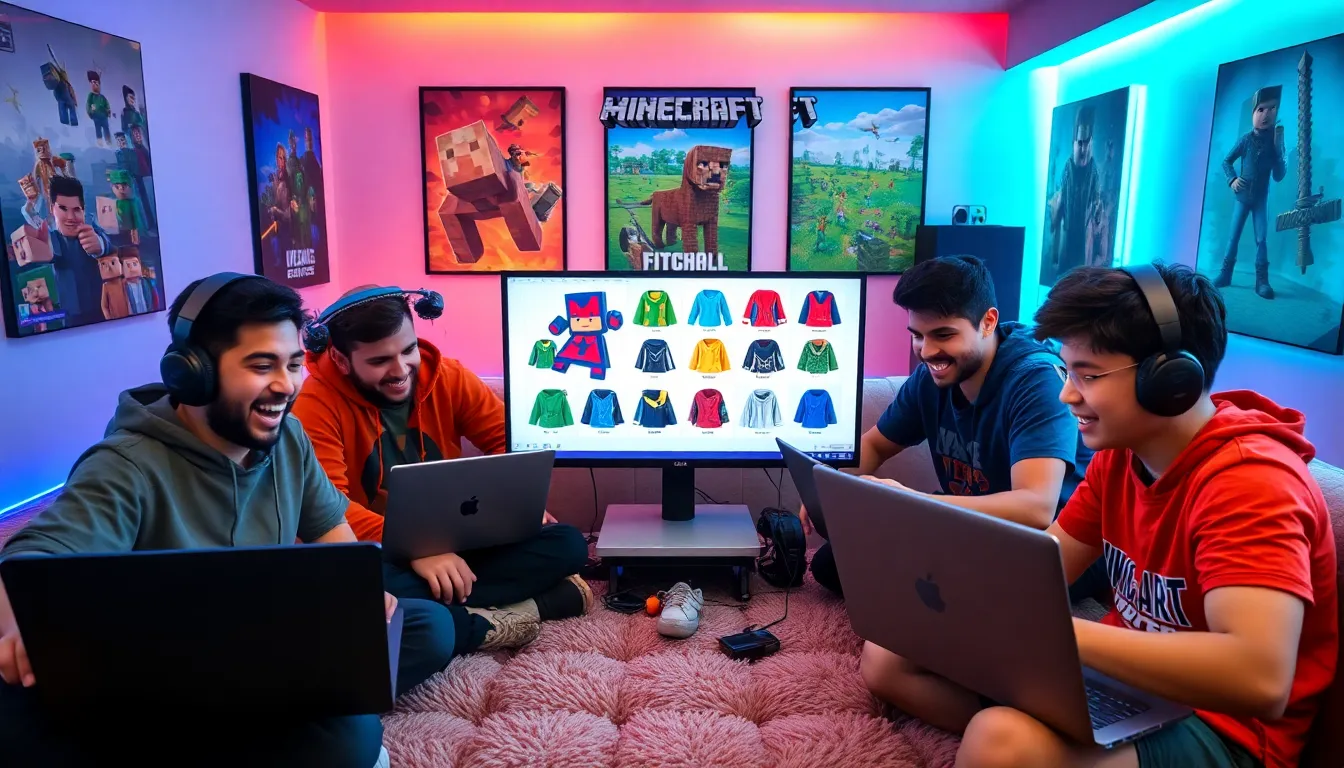 Diverse gamers showcasing Minecraft cape codes in a modern gaming room.