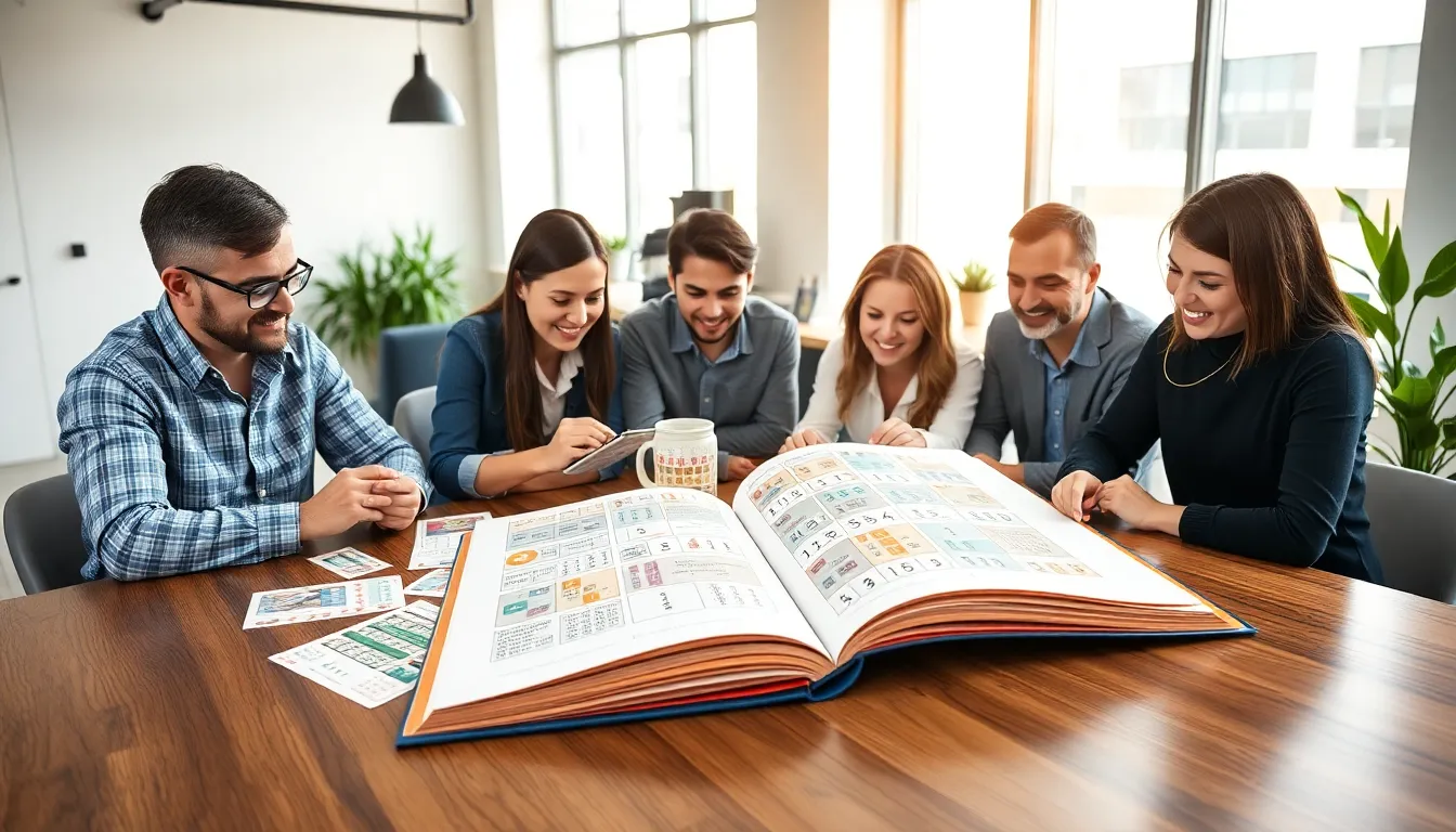 diverse adults solving puzzles from a smart games booklet.
