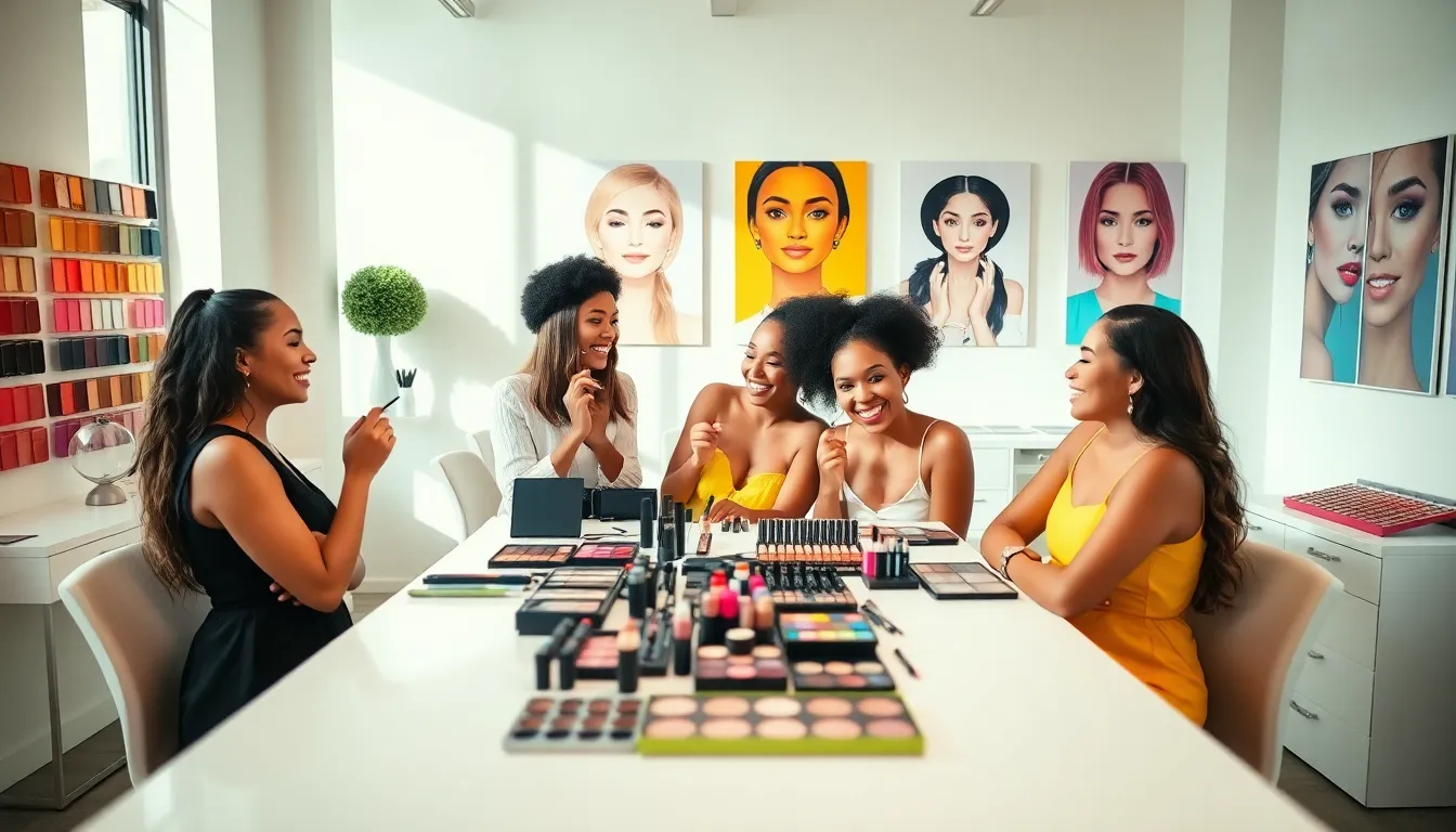 diverse makeup artists collaborating on bold beauty trends.