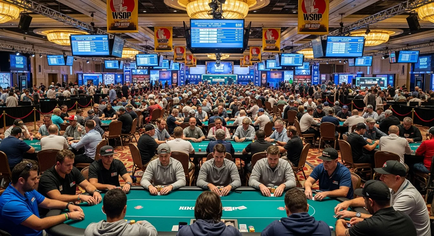 Crowded WSOP poker tournament floor inside a Las Vegas casino ballroom.