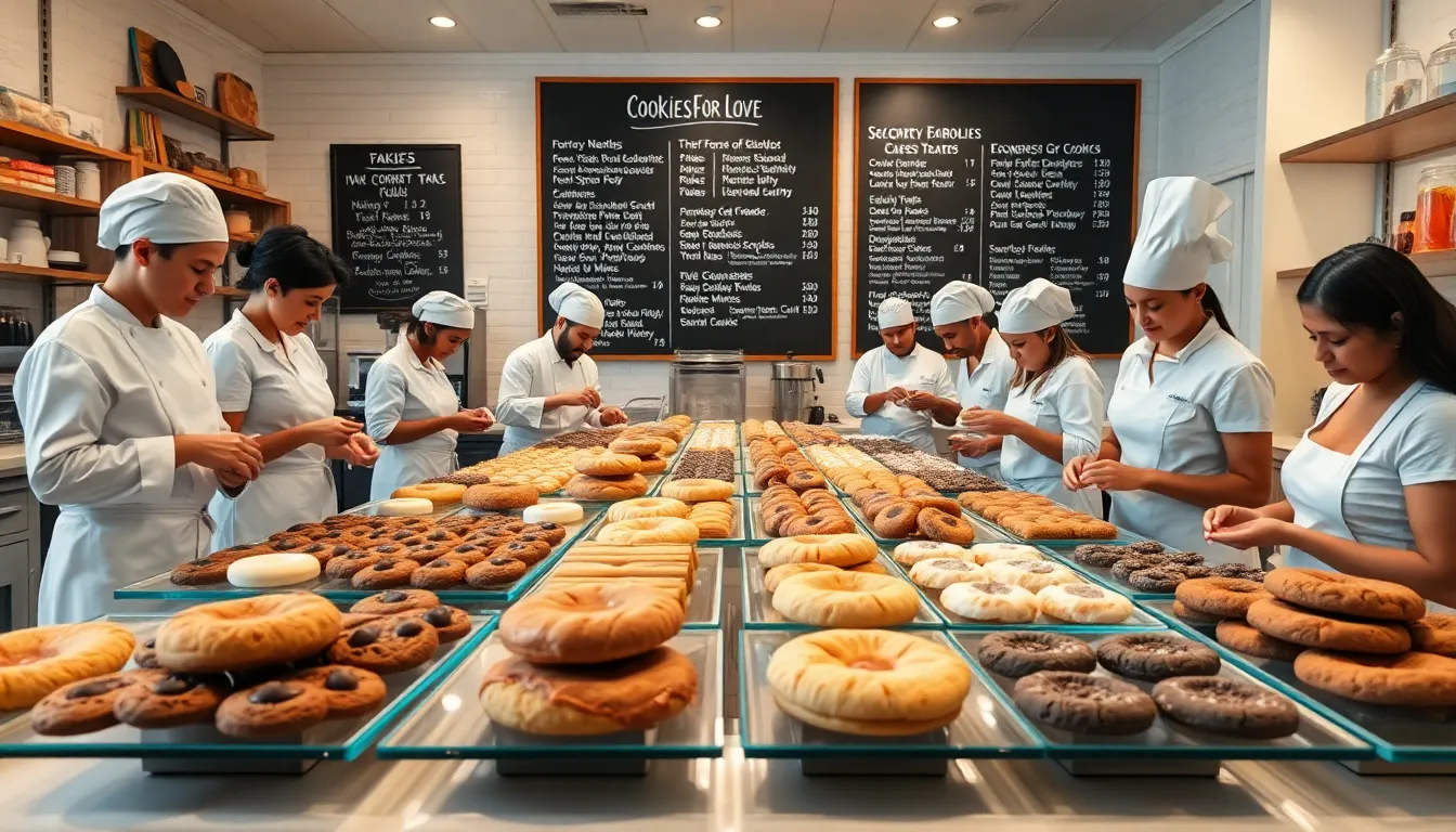 a modern bakery showcasing diverse bakers and various cookies.