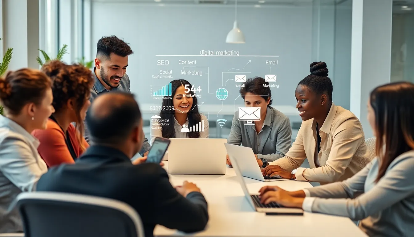 diverse team collaborating on digital marketing strategies in a modern office.