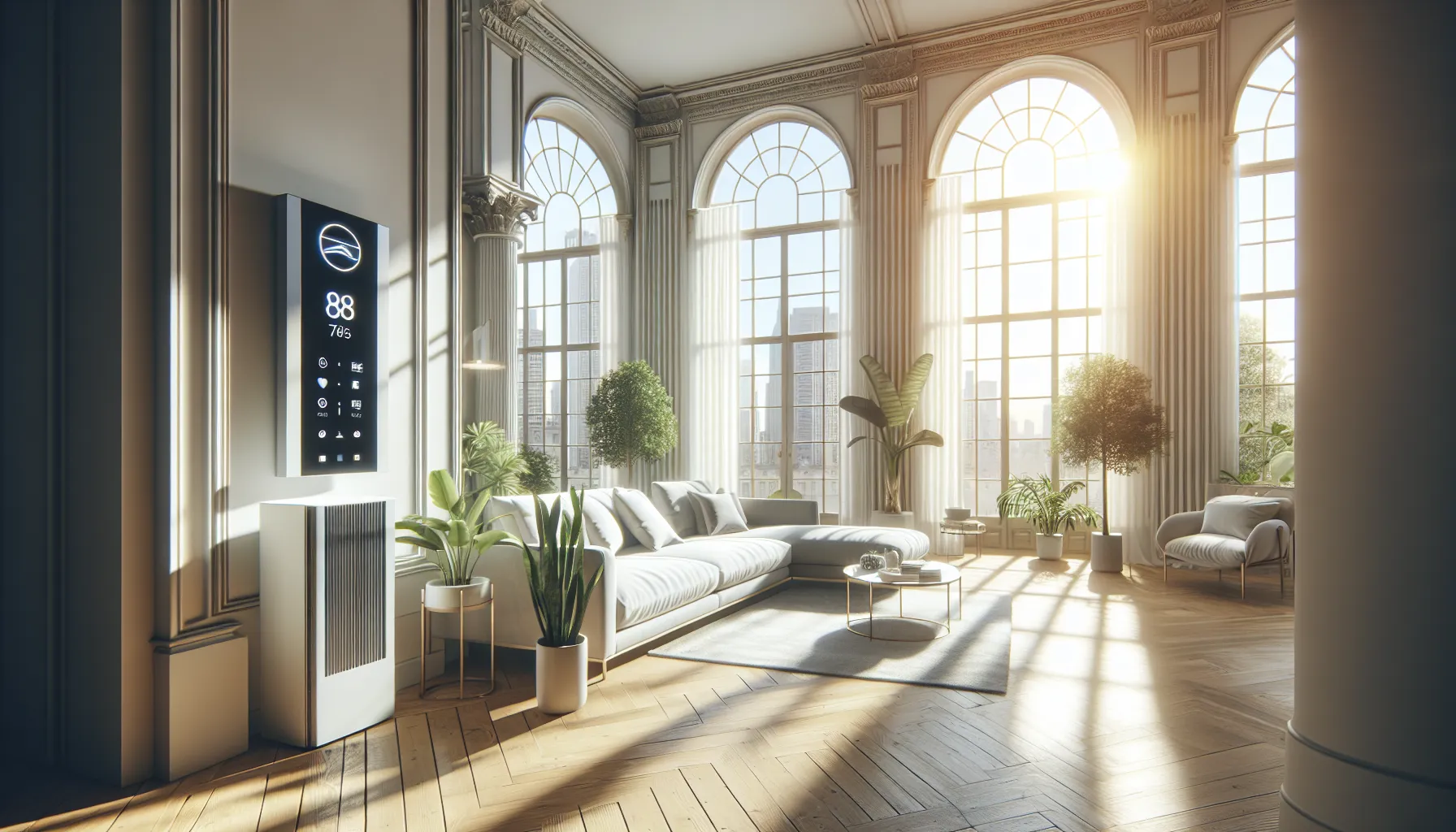 bright living room with natural light and energy-efficient appliances.