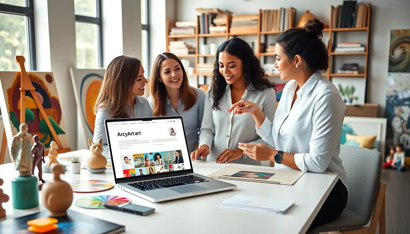 diverse team collaborating in a modern art workspace.