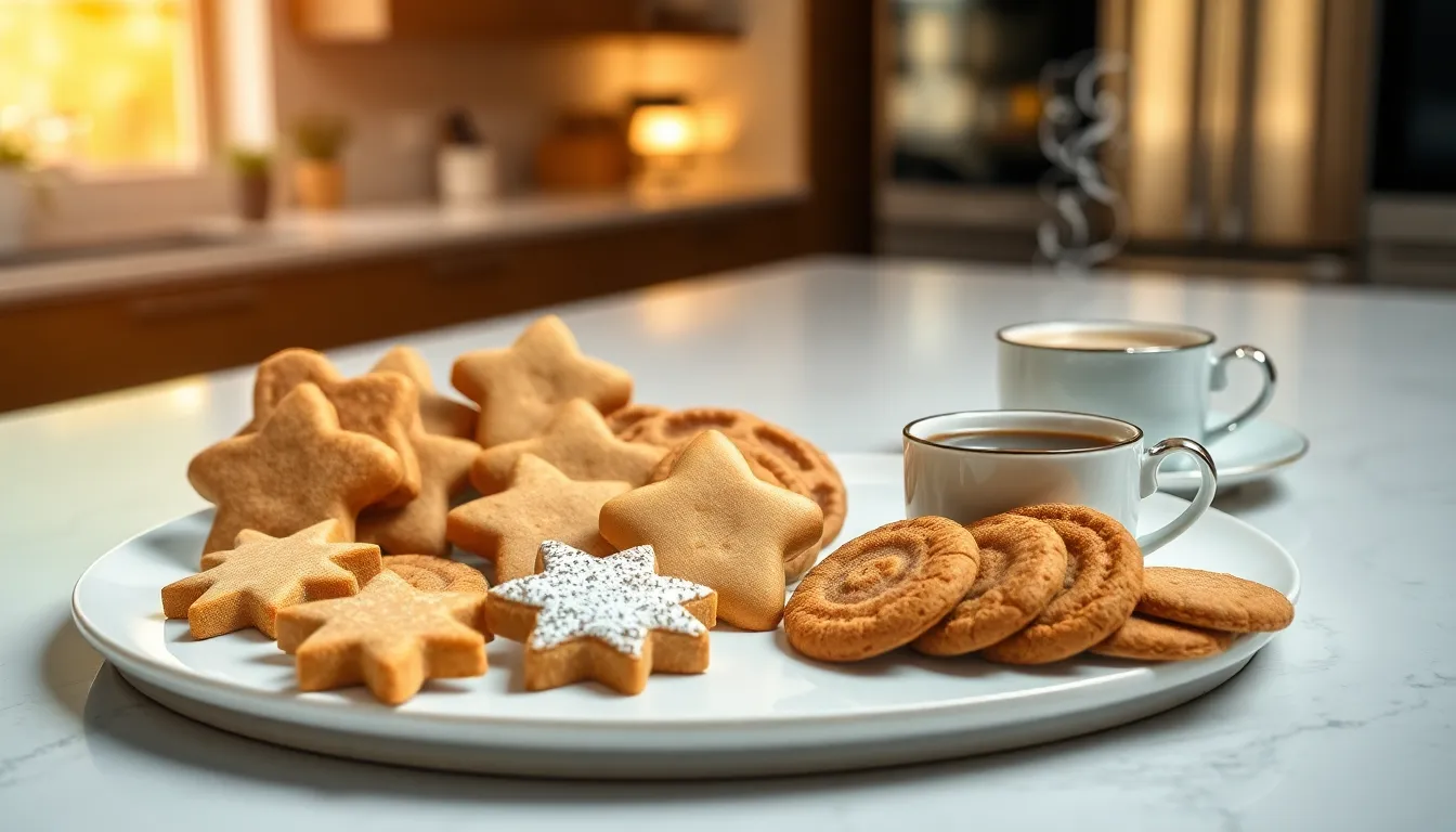 Elegant display of Dutch cookies with coffee and tea in a modern kitchen.
