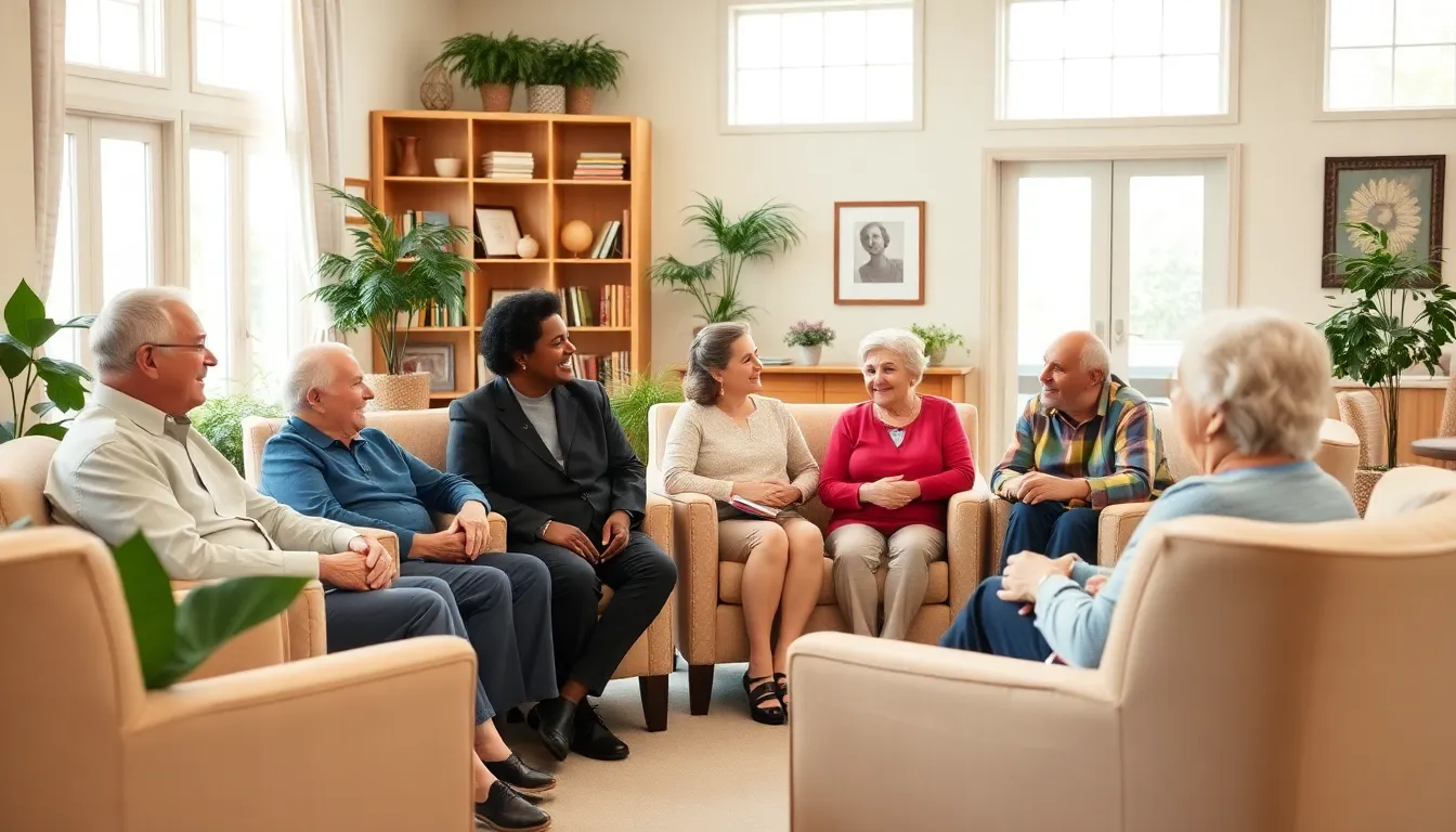 diverse older adults interacting in a cozy retirement home common area.