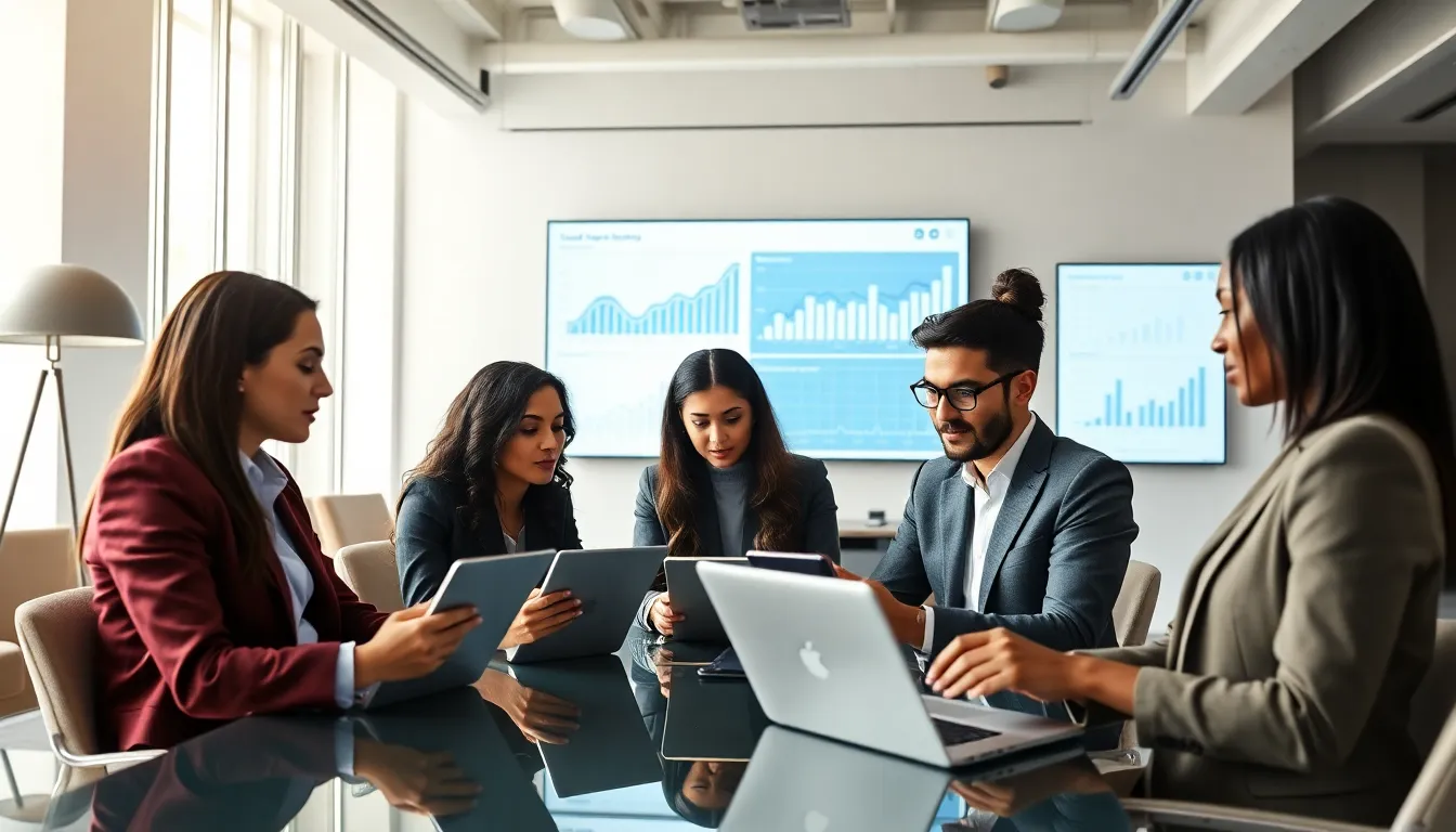 diverse team analyzing smartphone usage data in a modern office.