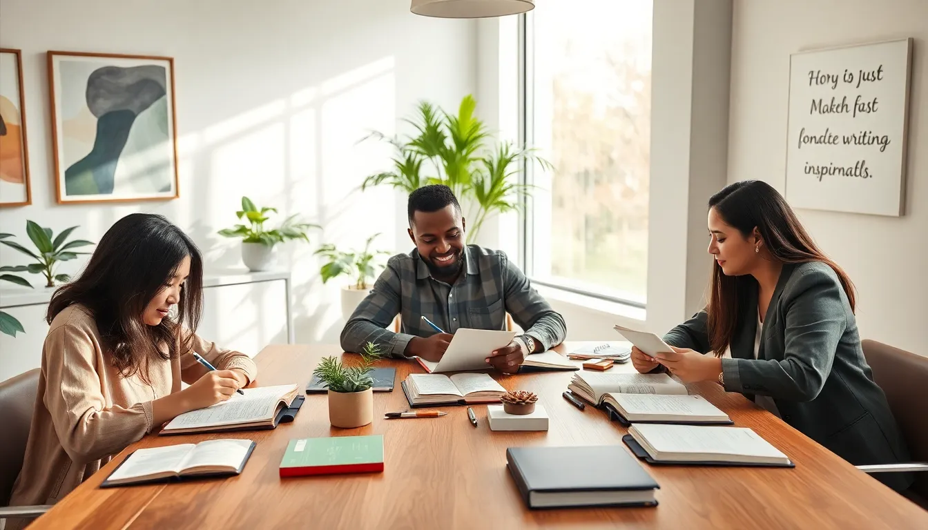 diverse professionals journaling in a modern office setting.