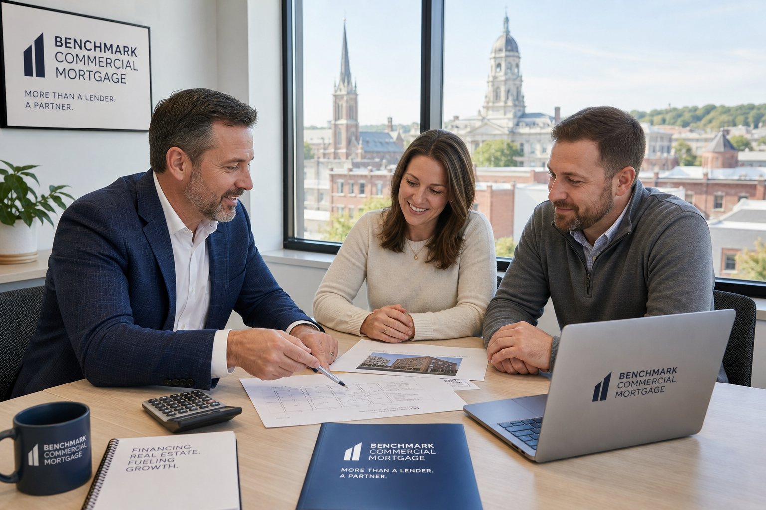 Commercial mortgage advisor meeting business owners in a bright Lancaster office with property documents and laptop.