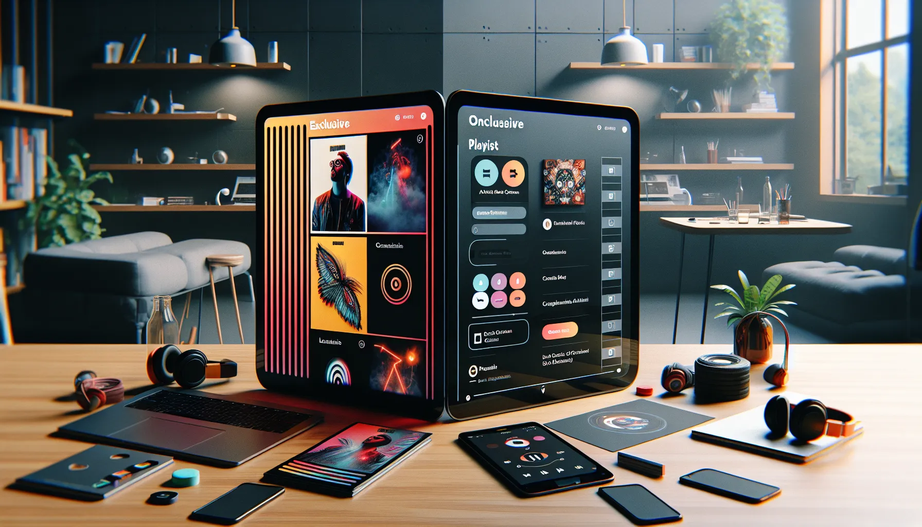 A split comparison of Apple Music and Spotify interfaces on a desk setup.