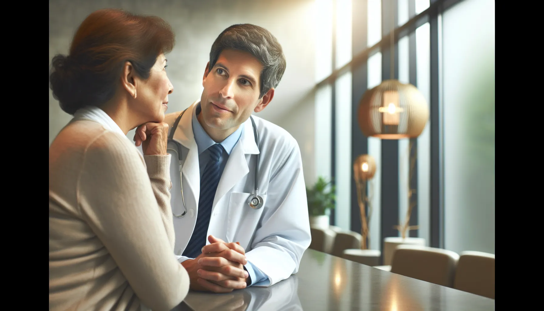 Dr. Haro speaking with a patient in a warm clinic environment.