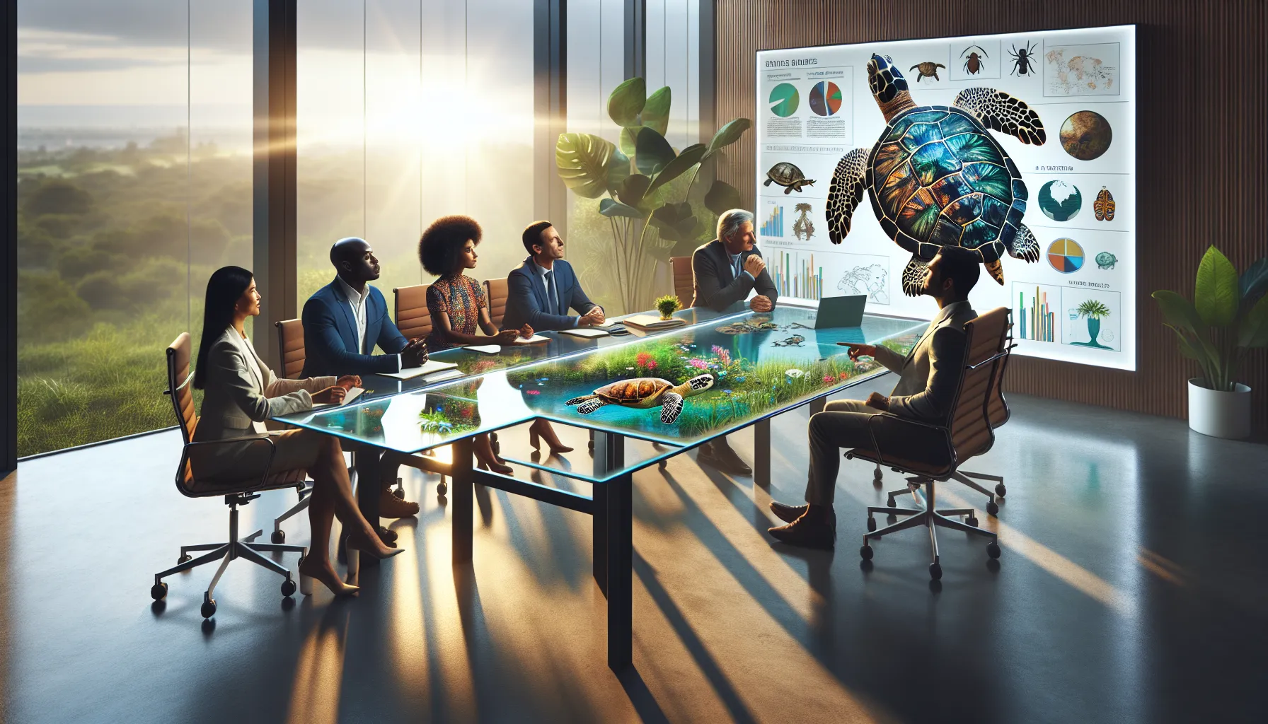 diverse professionals discussing turtle symbolism in a modern office.
