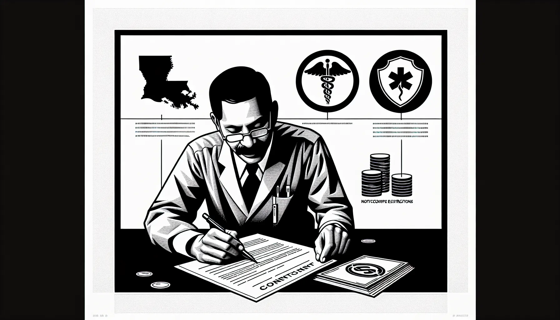 Dentist at desk reviewing a contract with Louisiana map and icons of Louisiana Dental Contract Review.