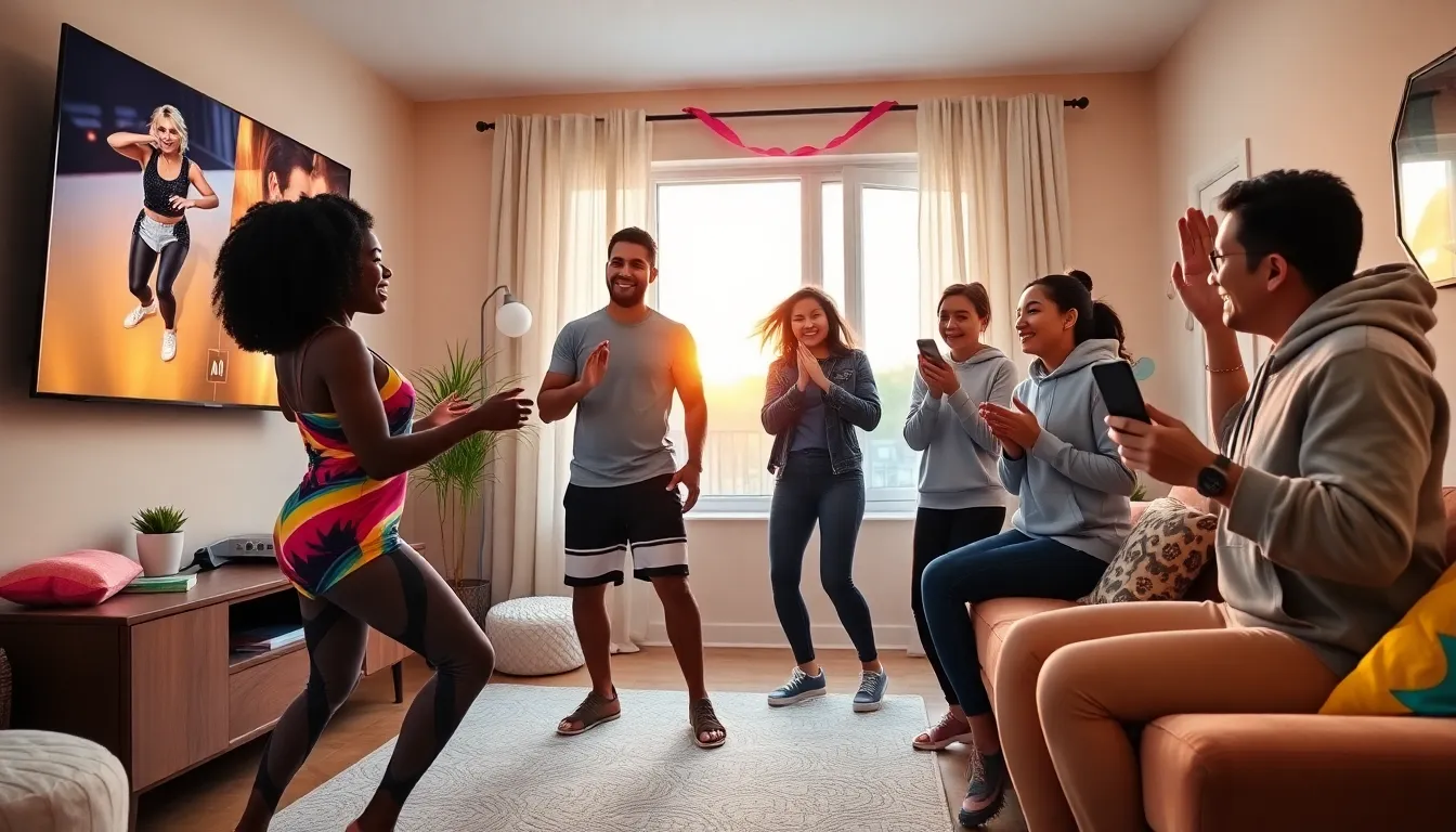friends dancing in a living room while playing Just Dance 2022.