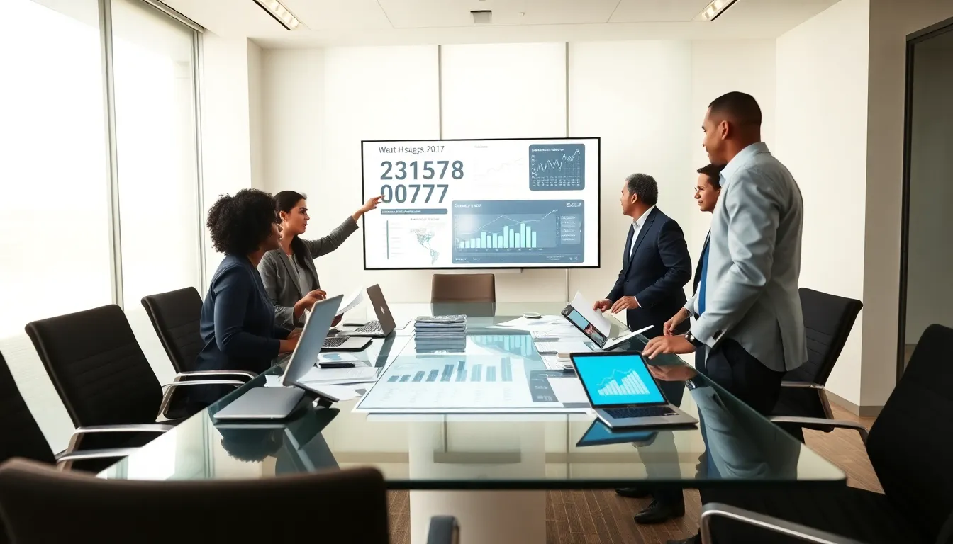 diverse professionals discussing data significance in a modern conference room.