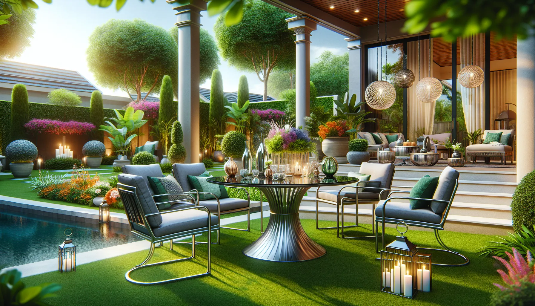 a stylish outdoor patio with modern furniture and decorative plants.