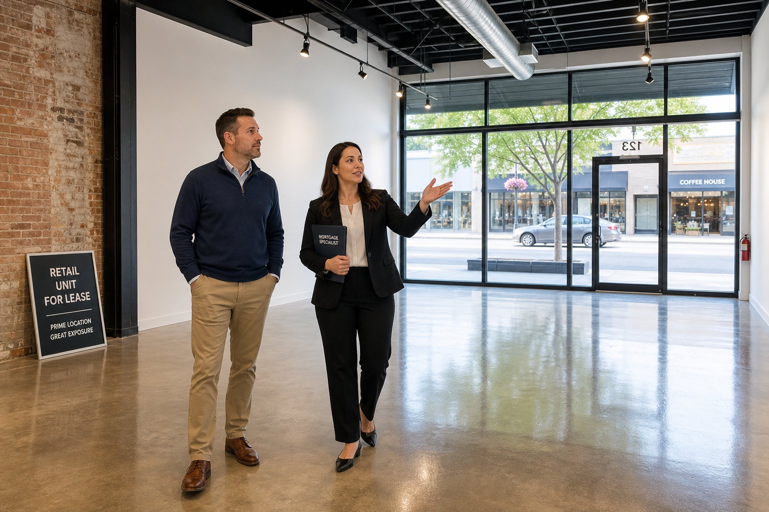Mortgage specialist and client viewing an empty retail unit with large windows and natural daylight.