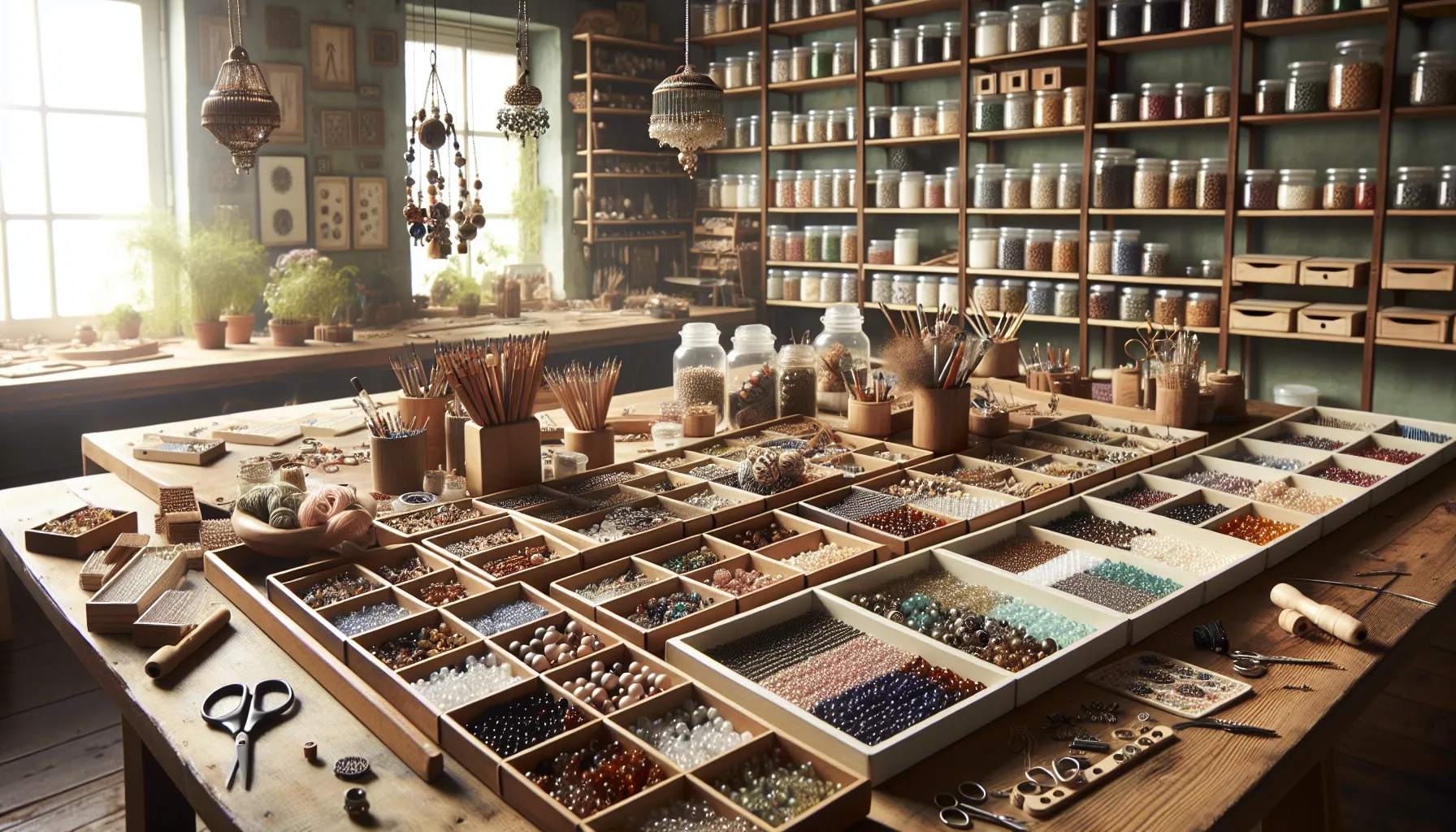 A craft workspace with assorted beads, tools, and jewelry items.