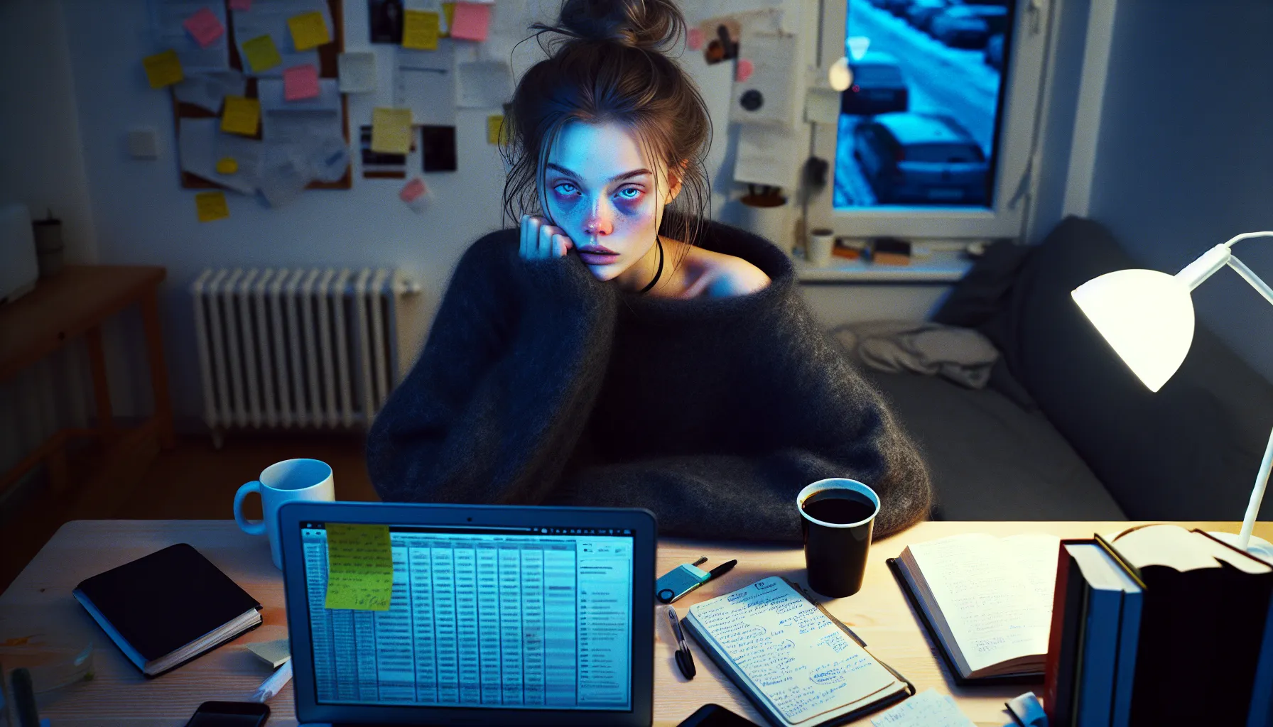 Exhausted Norwegian student at a cluttered desk late at night, snow outside.
