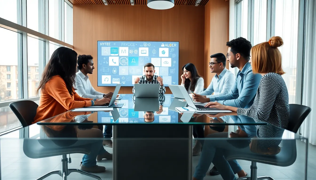diverse professionals collaborating in a modern office setting.