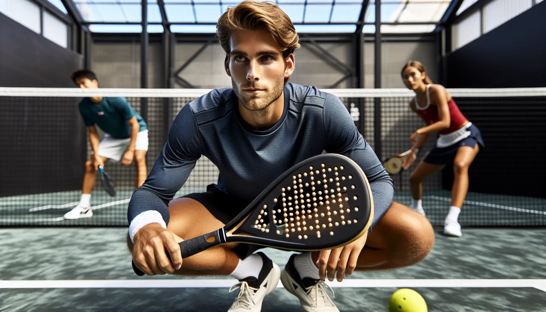 Net player drop-volleys into padel no-man’s land as opponents hesitate.