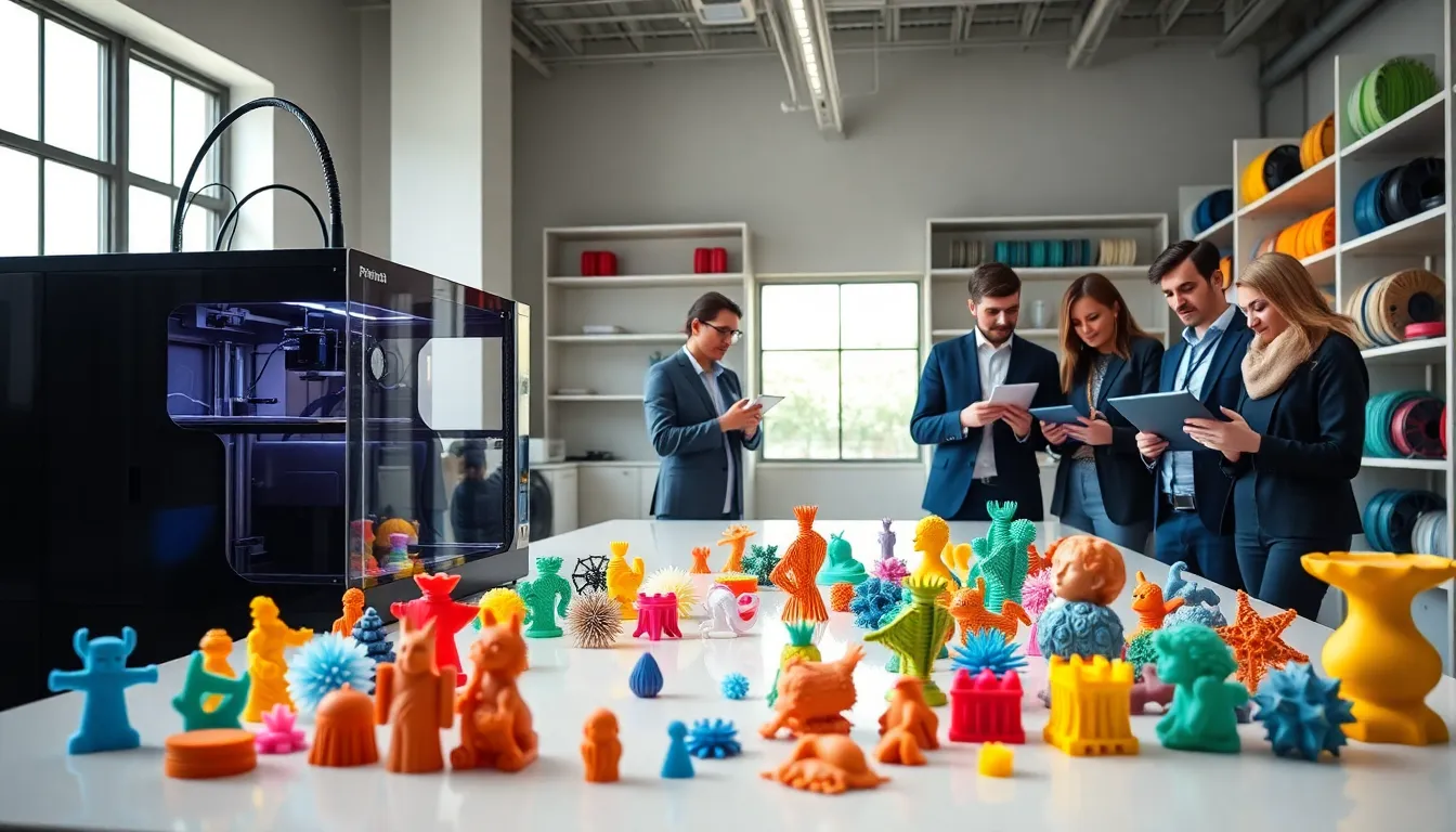 engineers collaborating in a modern 3D printing studio with colorful prototypes.