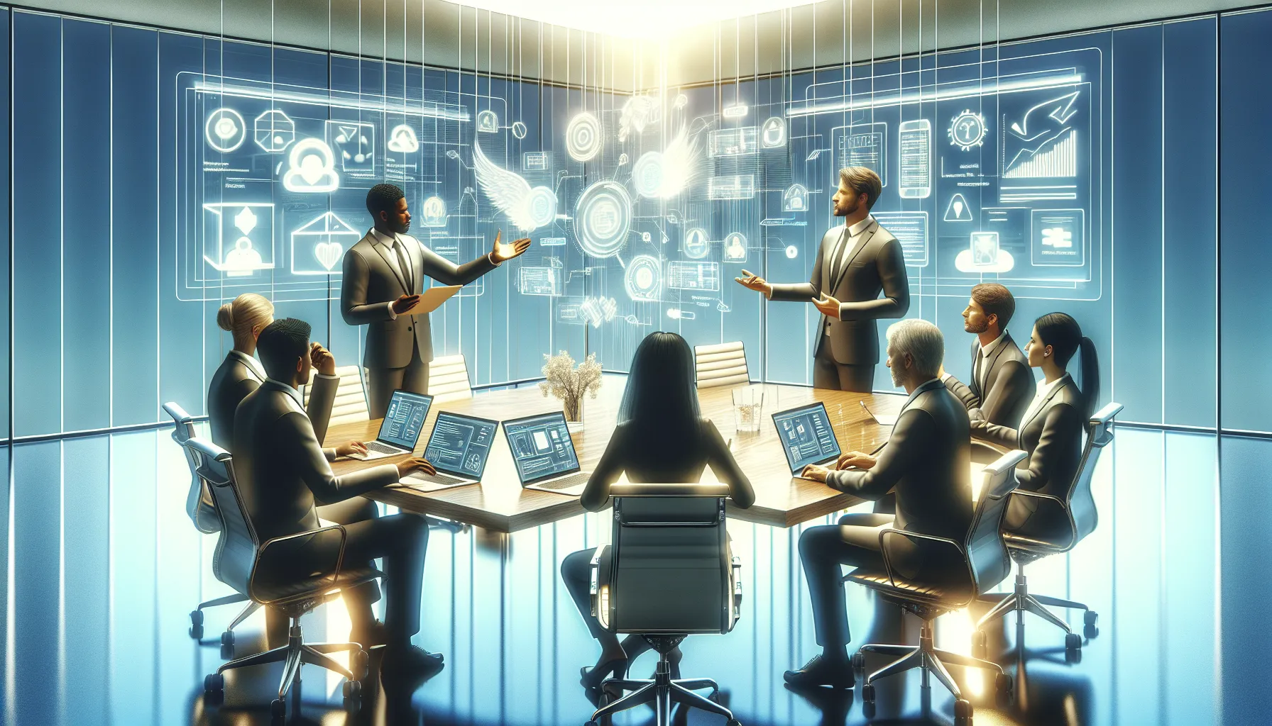 diverse team discussing software updates in a modern office.