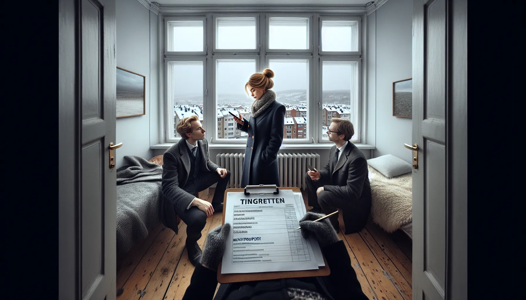 Fordeler og ulemper med å kjøpe bolig på tvangsauksjon 2 Medhjelper shows oslo foreclosure apartment with legal documents during brief viewing.