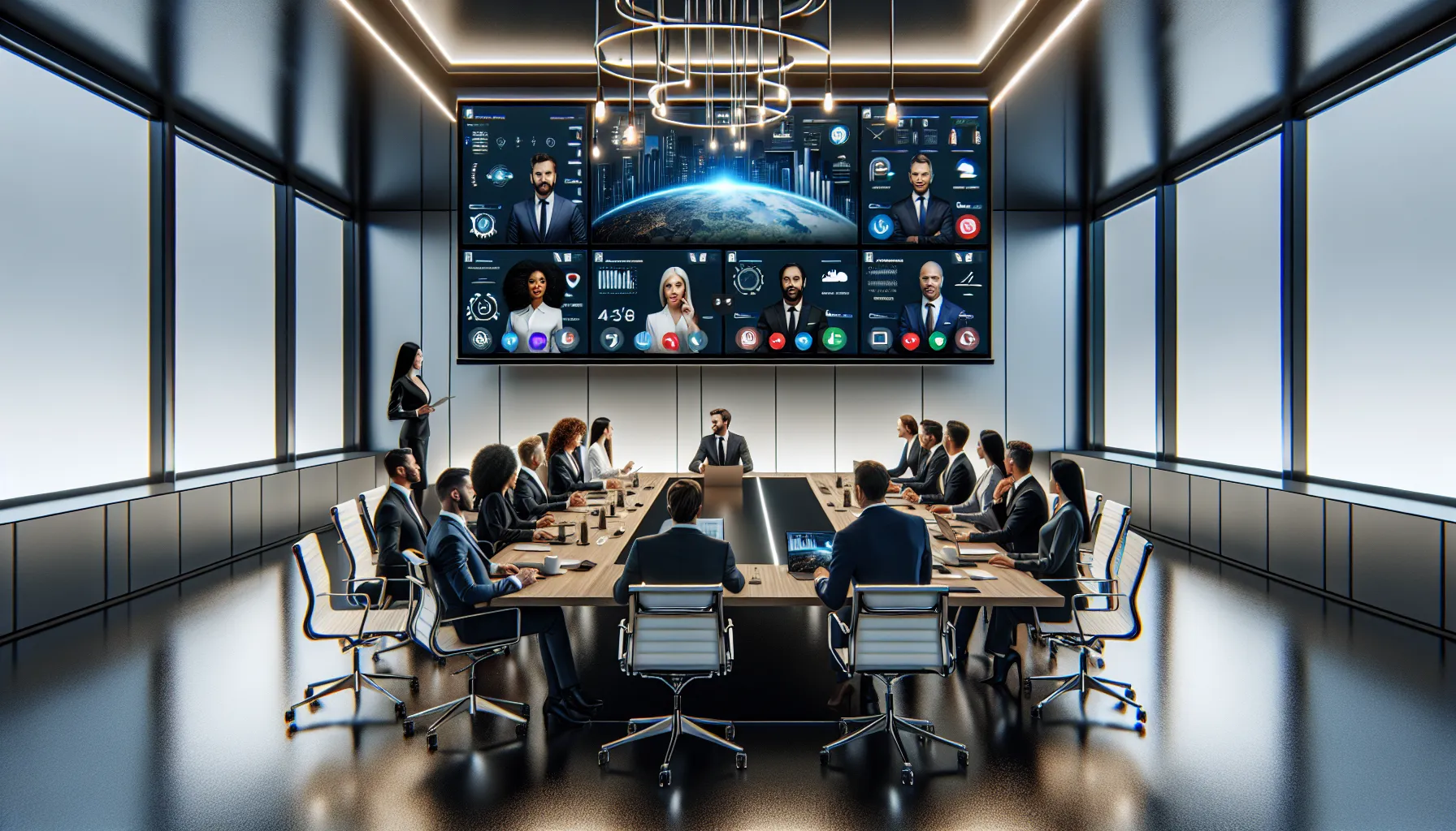 diverse professionals engaging in a Lync video conference.