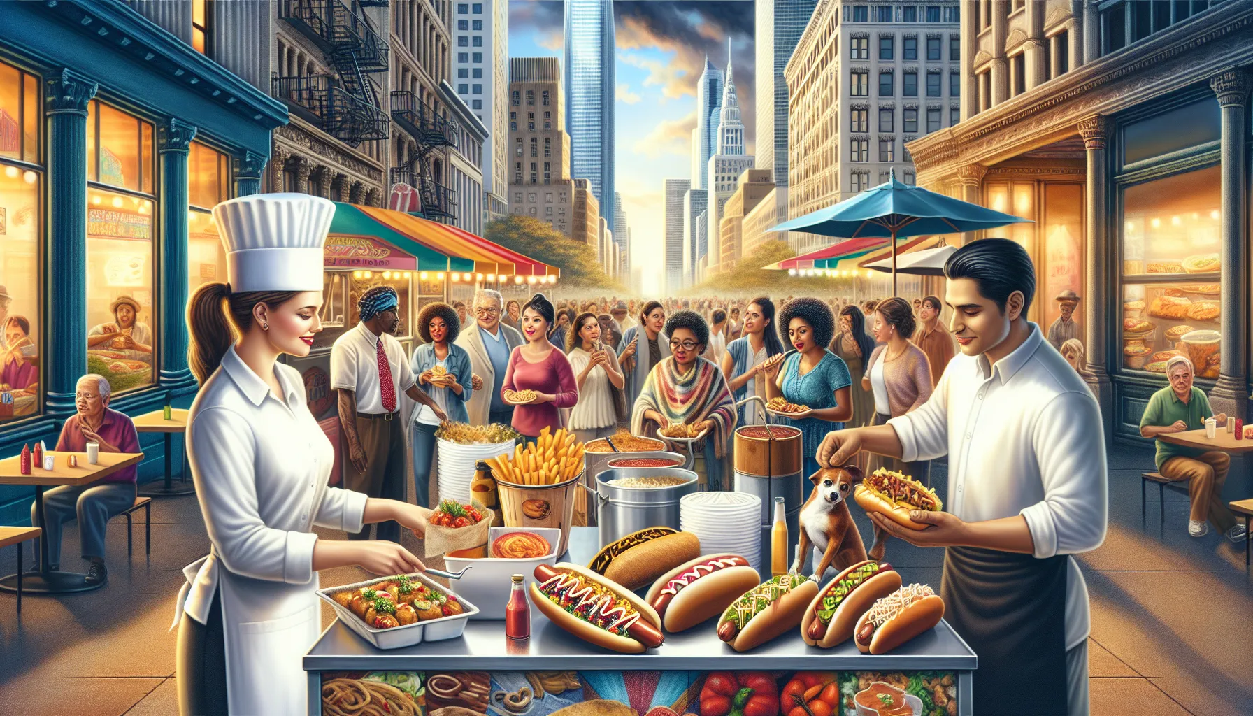 diverse street food vendors in an urban American setting.