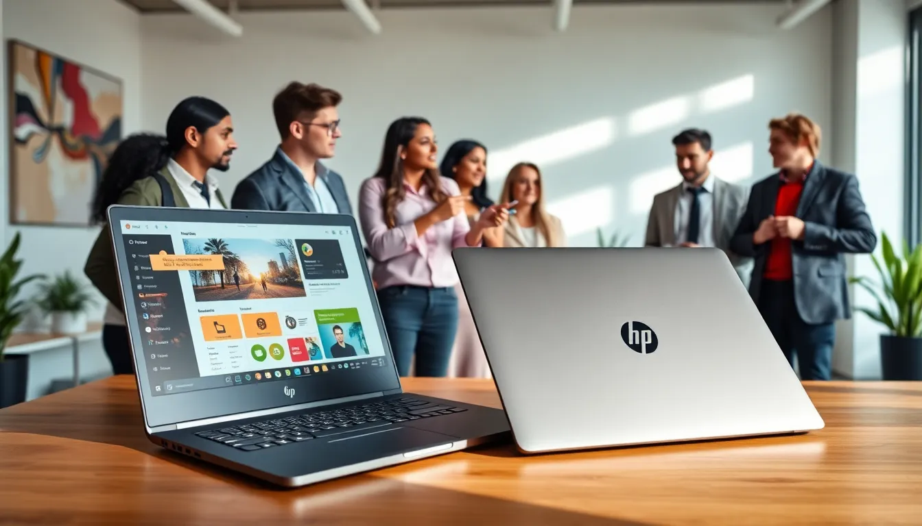 diverse professionals discussing HP laptops in a modern office.