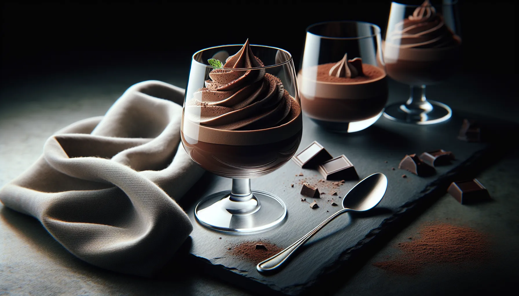 Glass of simple three-ingredient chocolate mousse topped with whipped cream and cocoa.
