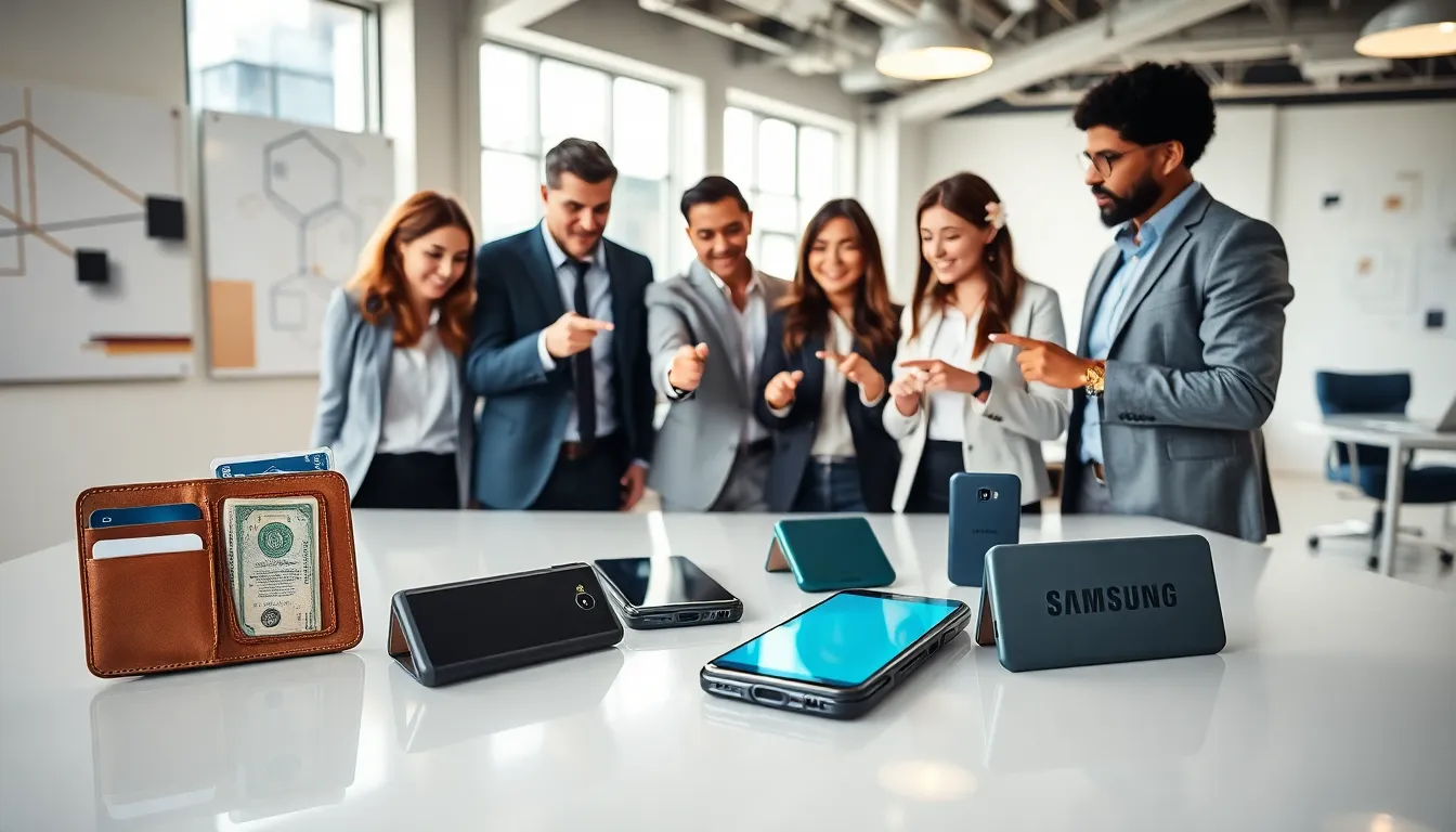 professionals discussing Samsung gadget case accessories in a modern office.