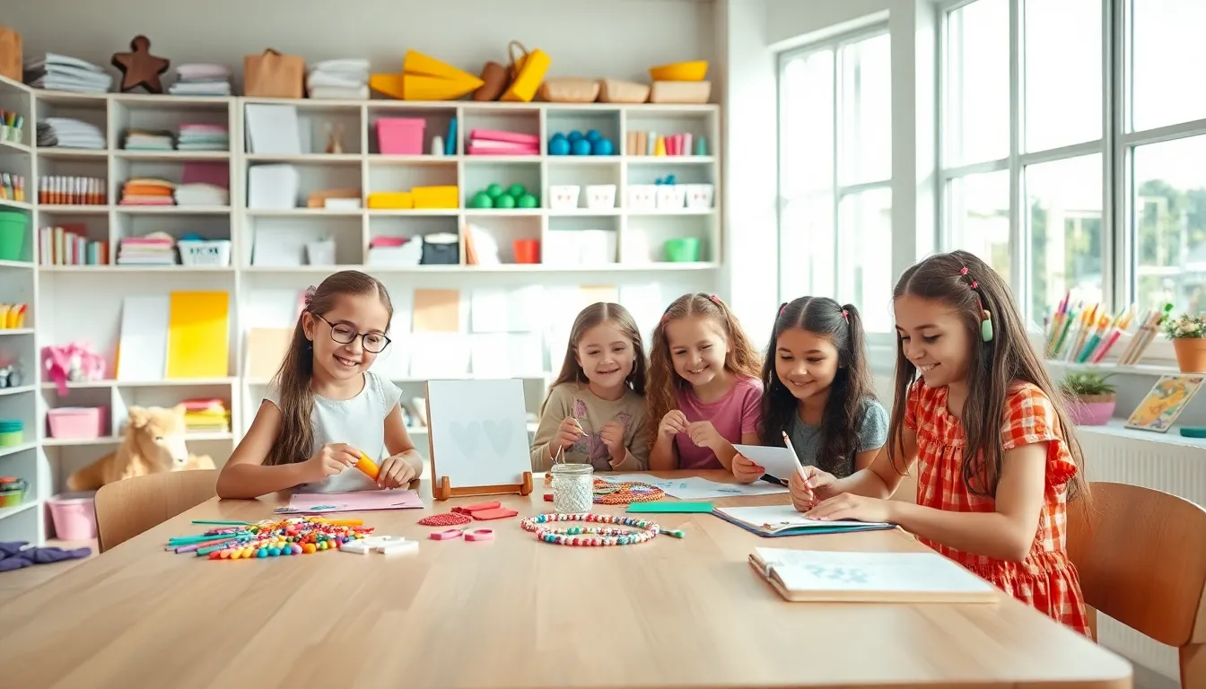 diverse girls engaged in arts and crafts activities in a bright studio.