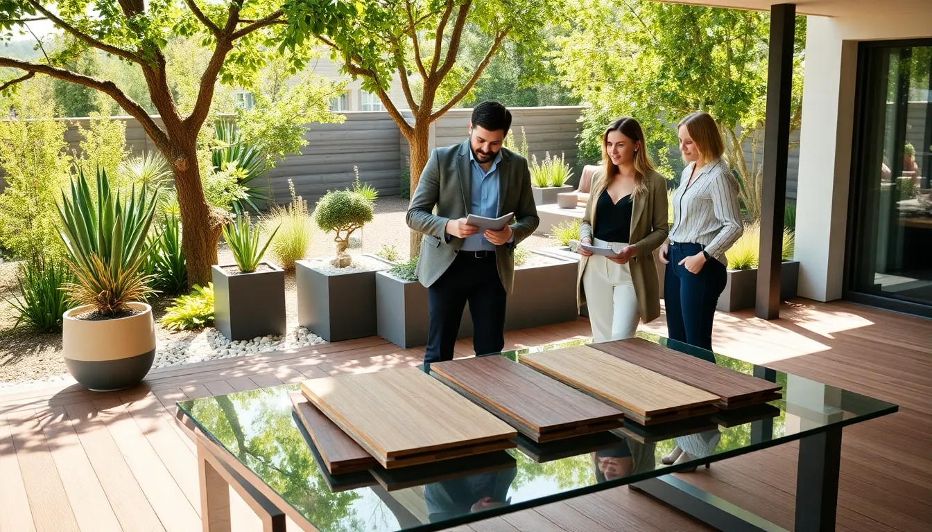 diverse professionals discussing timber tech deck designs in a modern outdoor space.