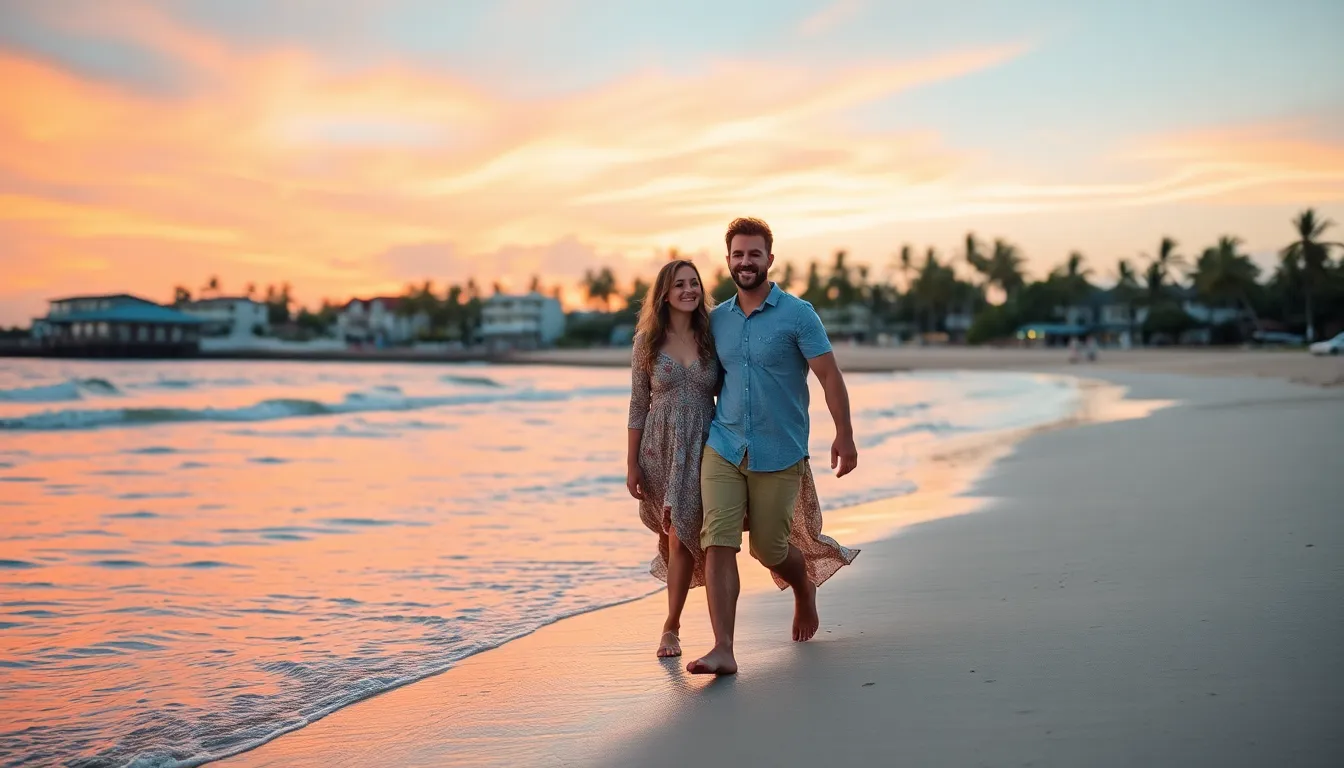 couple enjoying a romantic beach walk during sunset.