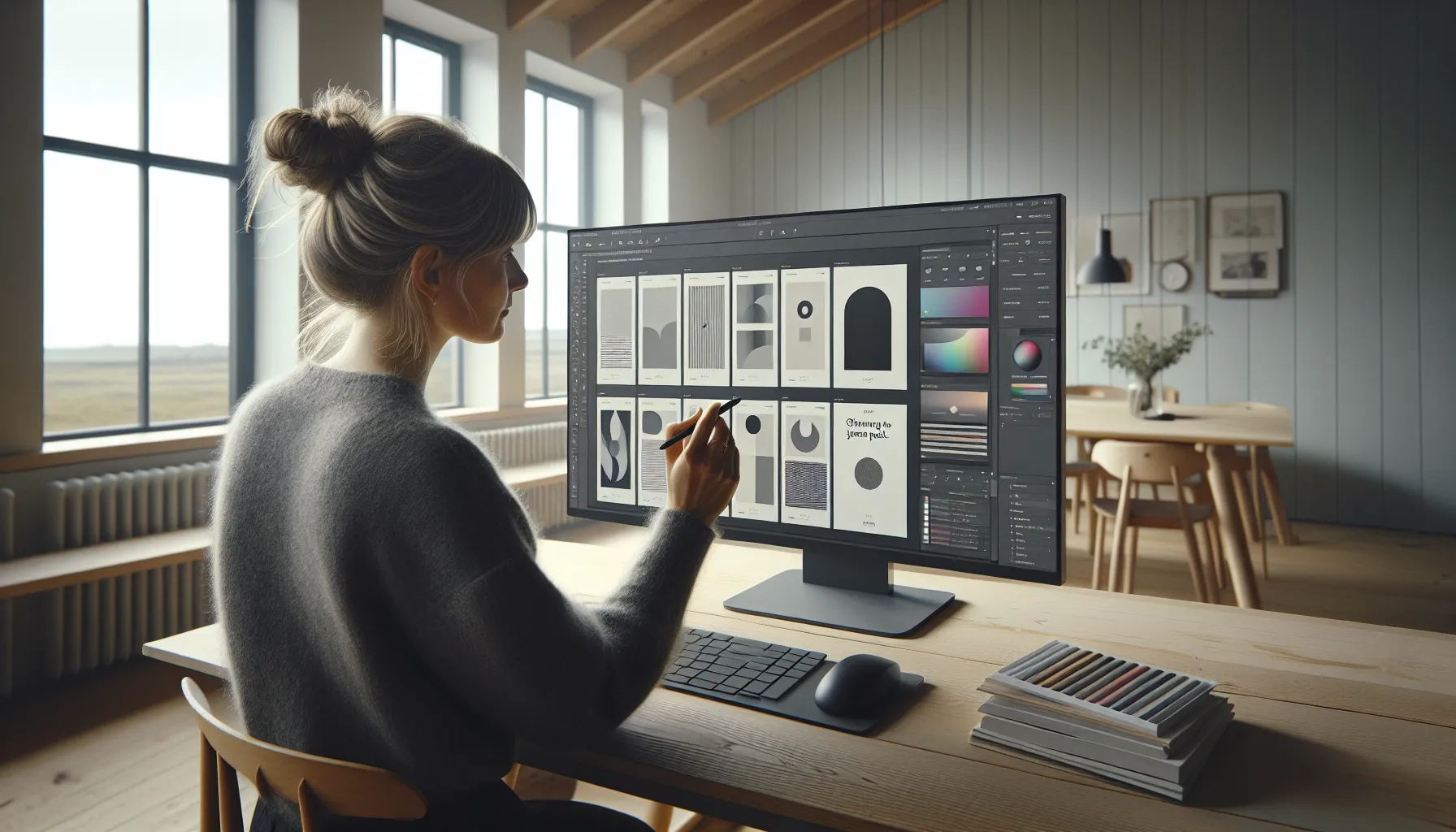 Norwegian designer curates ai-generated layout options in a bright scandinavian studio.