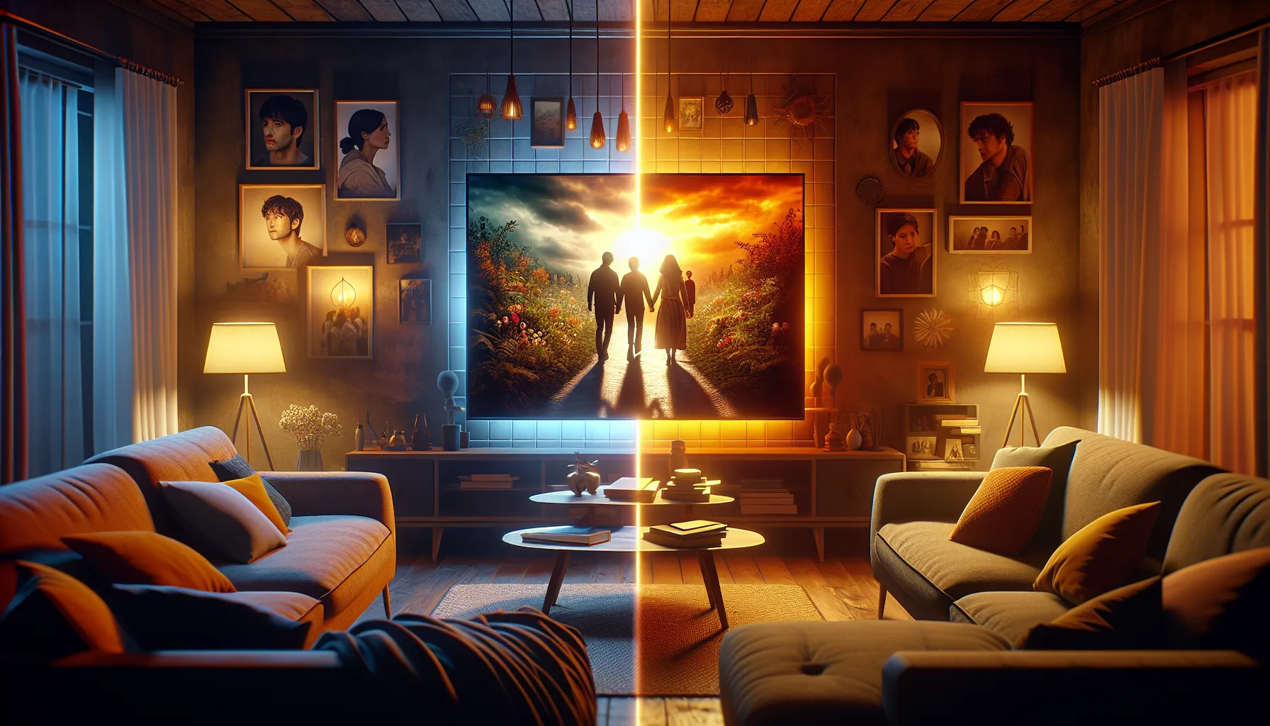 A living room TV displaying contrasting scenes from series season and series finales.